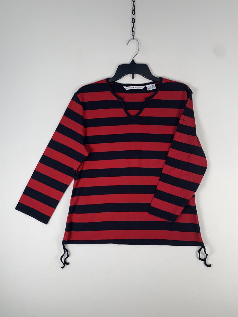 Tommy Hilfiger T-shirt Womens XL Red Stripe 3/4 Sleeve V Neck Tie Jersey Top